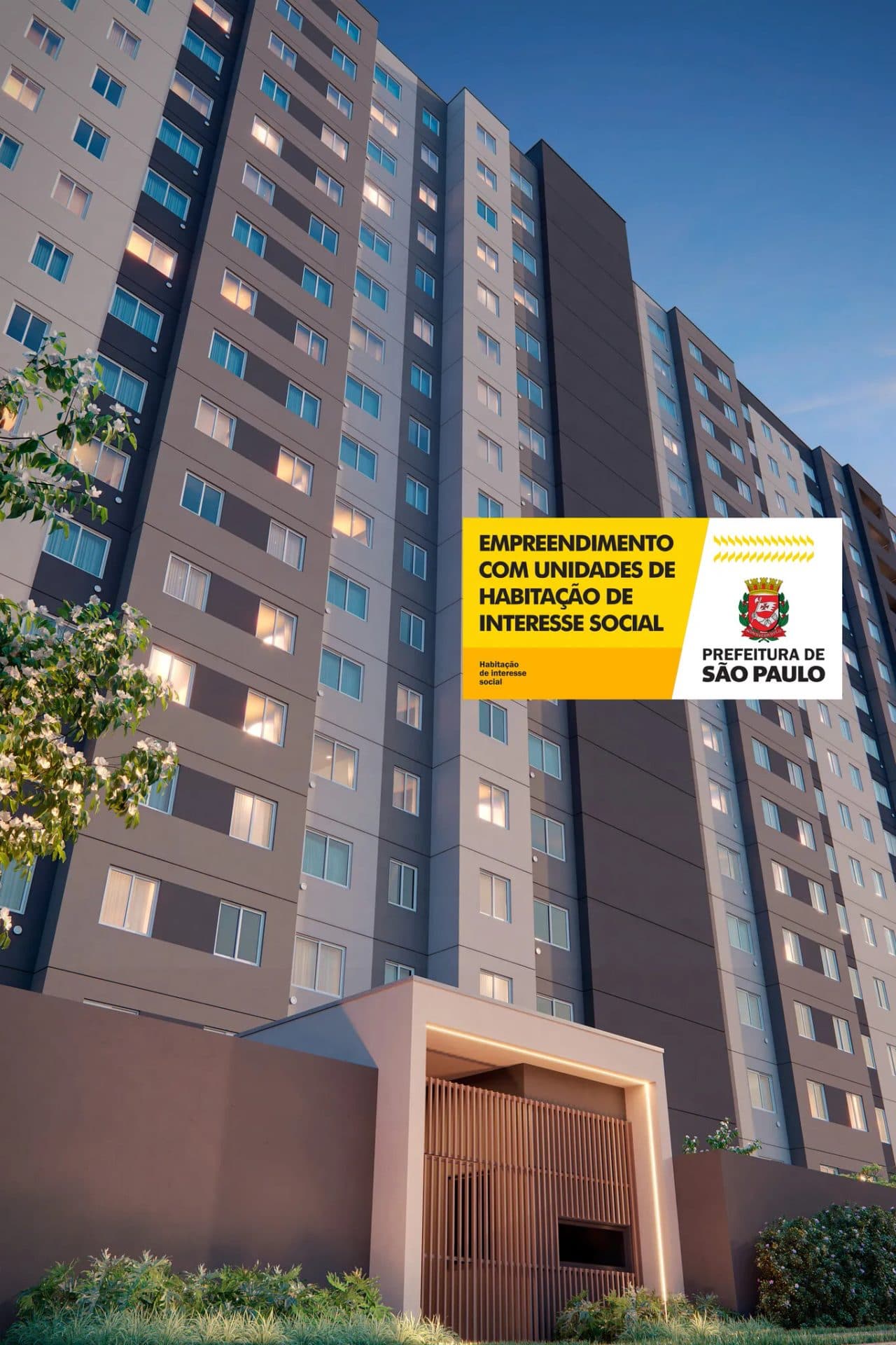 Fachada de edifício residencial de múltiplos andares com revestimento cinza