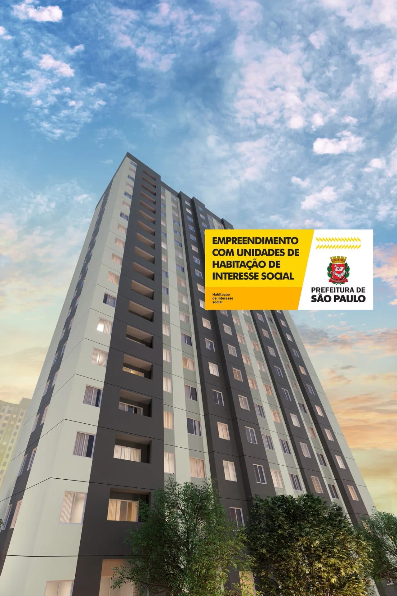 Vista externa da torre residencial do condomínio com pintura em tons de cinza e bege.