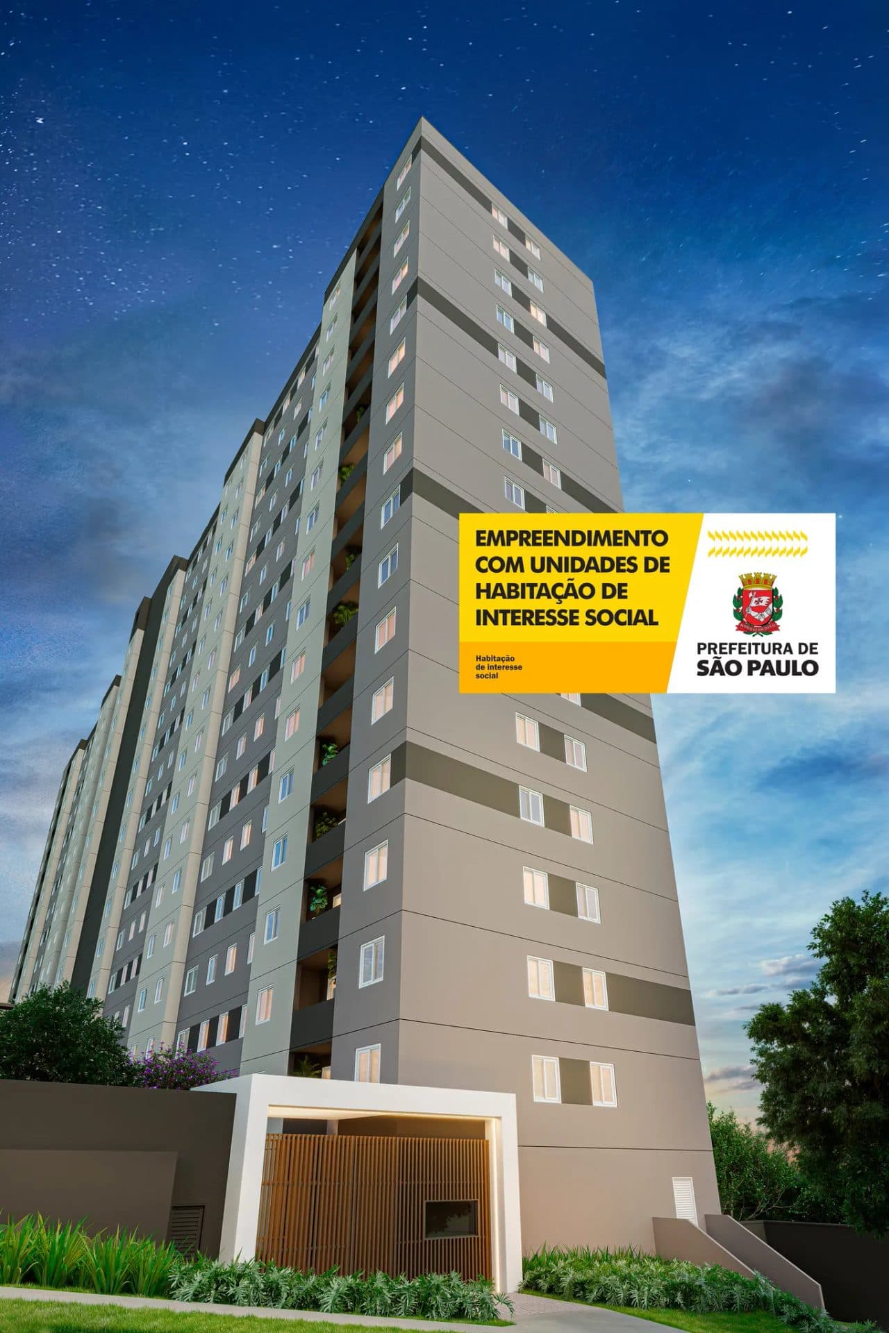 Vista externa da torre residencial alta com pintura cinza e janelas padronizadas.
