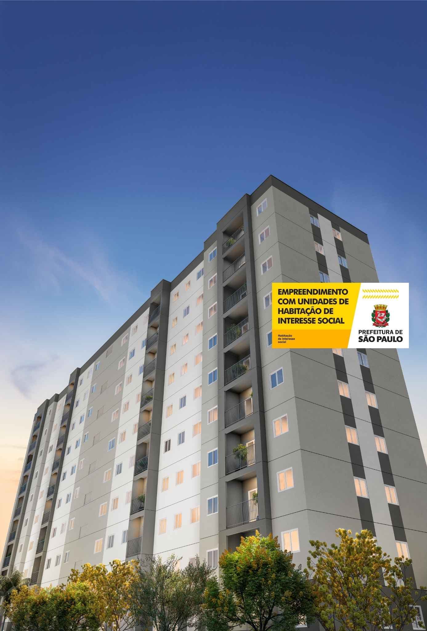 Fachada externa de edifício residencial de vários andares com pintura em tons de cinza e branco