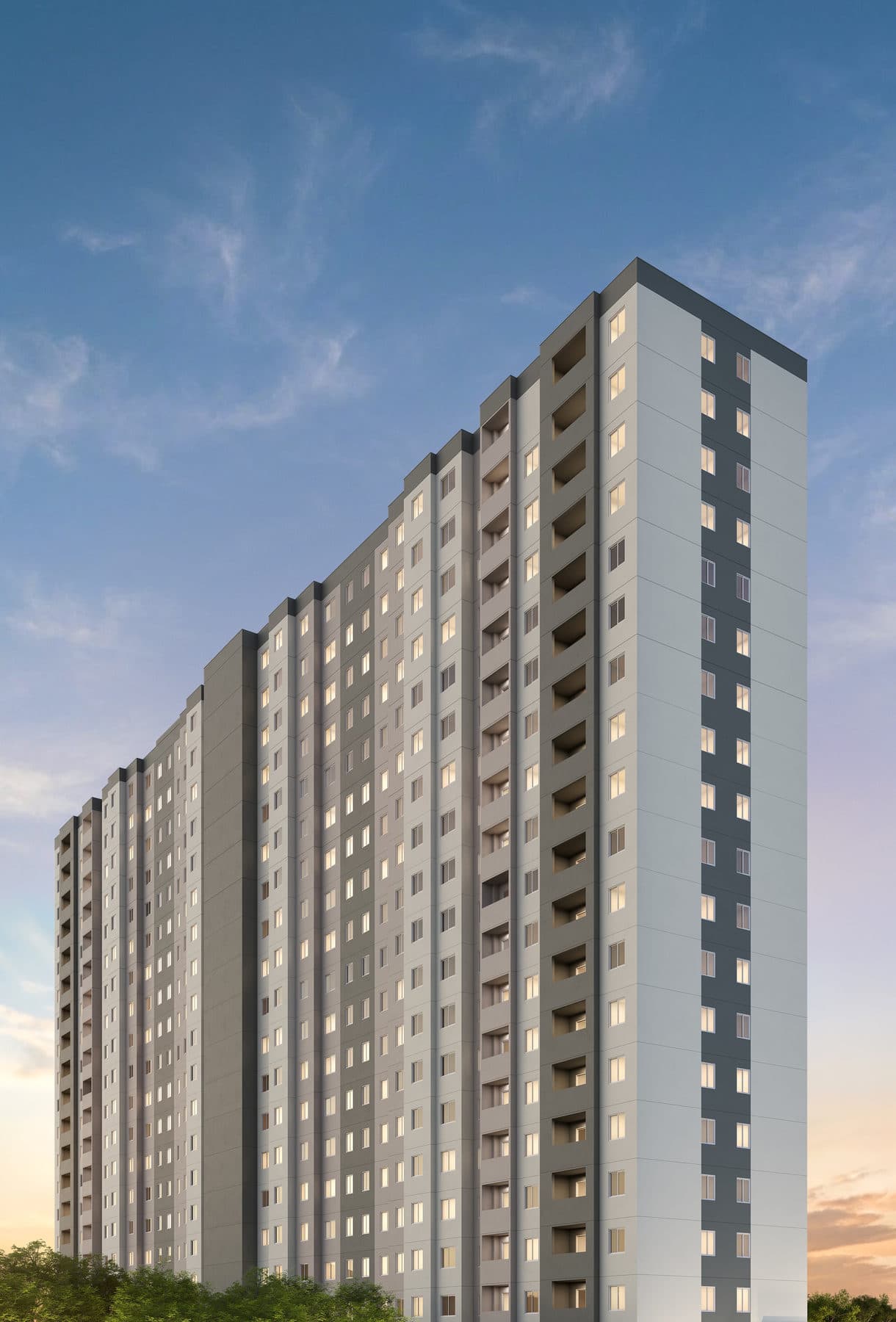 Fachada externa de edifício residencial de muitos andares com varandas e janelas iluminadas.