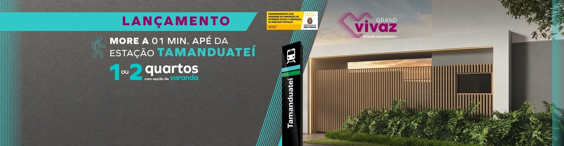 Fachada frontal do empreendimento com portaria, paisagismo e elementos em madeira